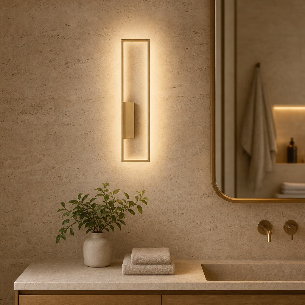 Gold Arc wall lamp beside a vanity mirror