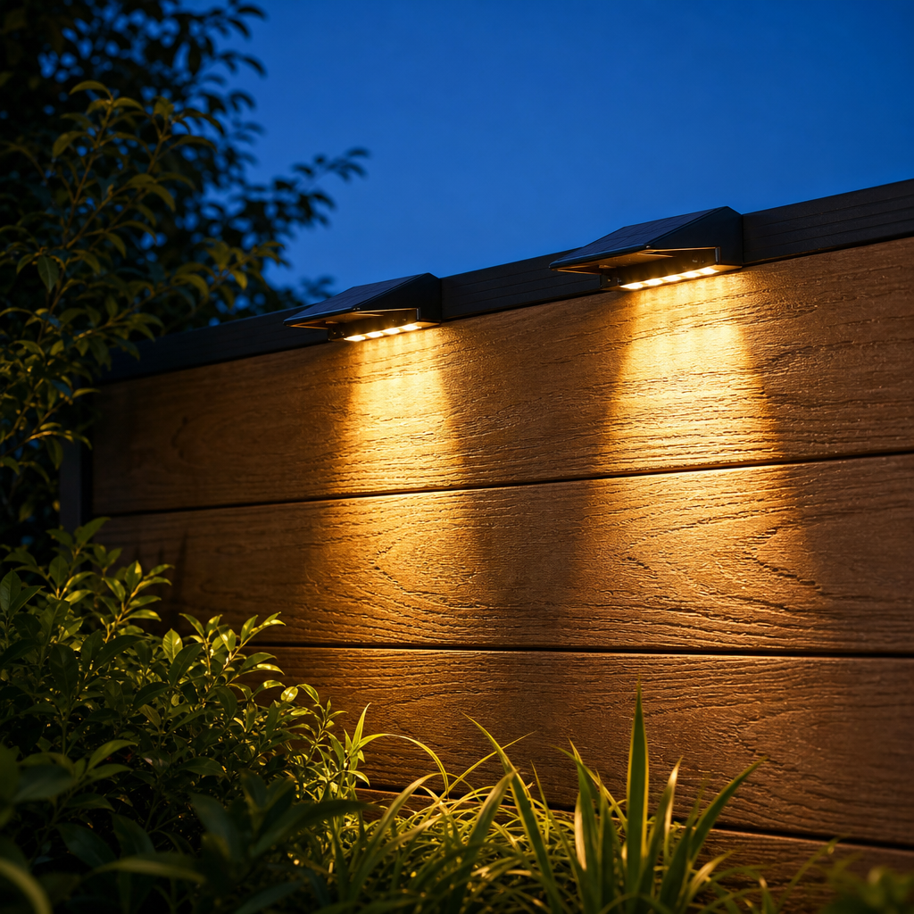 GlowHaven solar deck lights glowing warm on a cedar fence at dusk