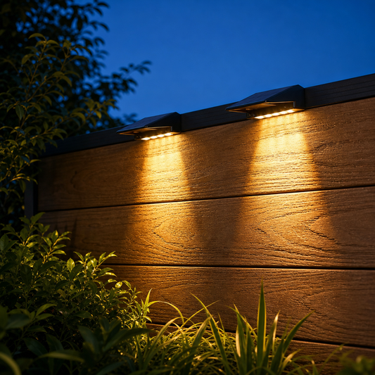 GlowHaven solar deck lights glowing warm on a cedar fence at dusk