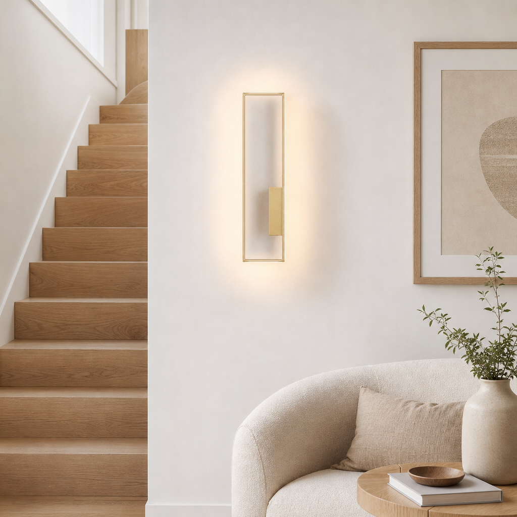 Brushed gold Arc wall lamp, right version, beside a staircase