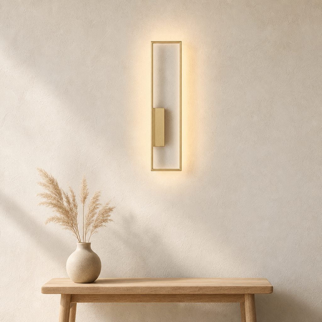 Brushed gold Arc wall lamp, left version, on a cream wall