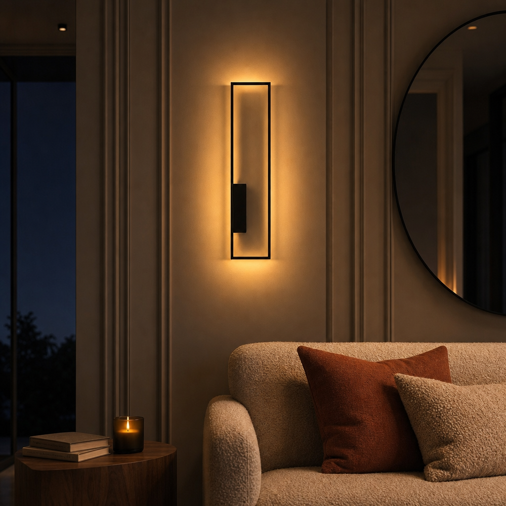 Matte black Arc wall lamp, left version, above a sofa