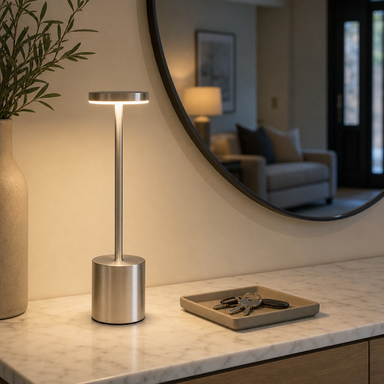 Silver cordless lamp glowing on an entryway console