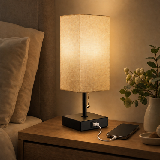 Bedside table lamp with beige linen shade charging a phone on a nightstand