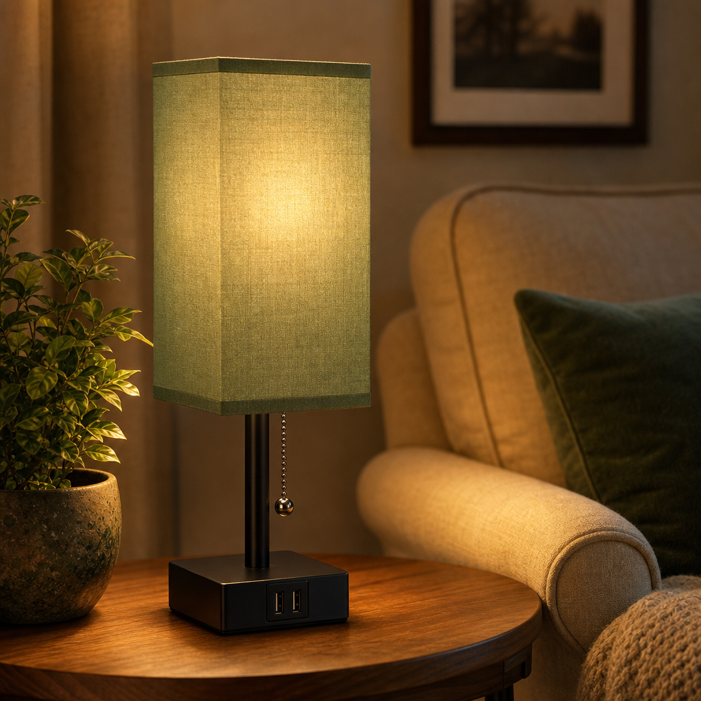 Bedside table lamp with green fabric shade in a living room reading corner
