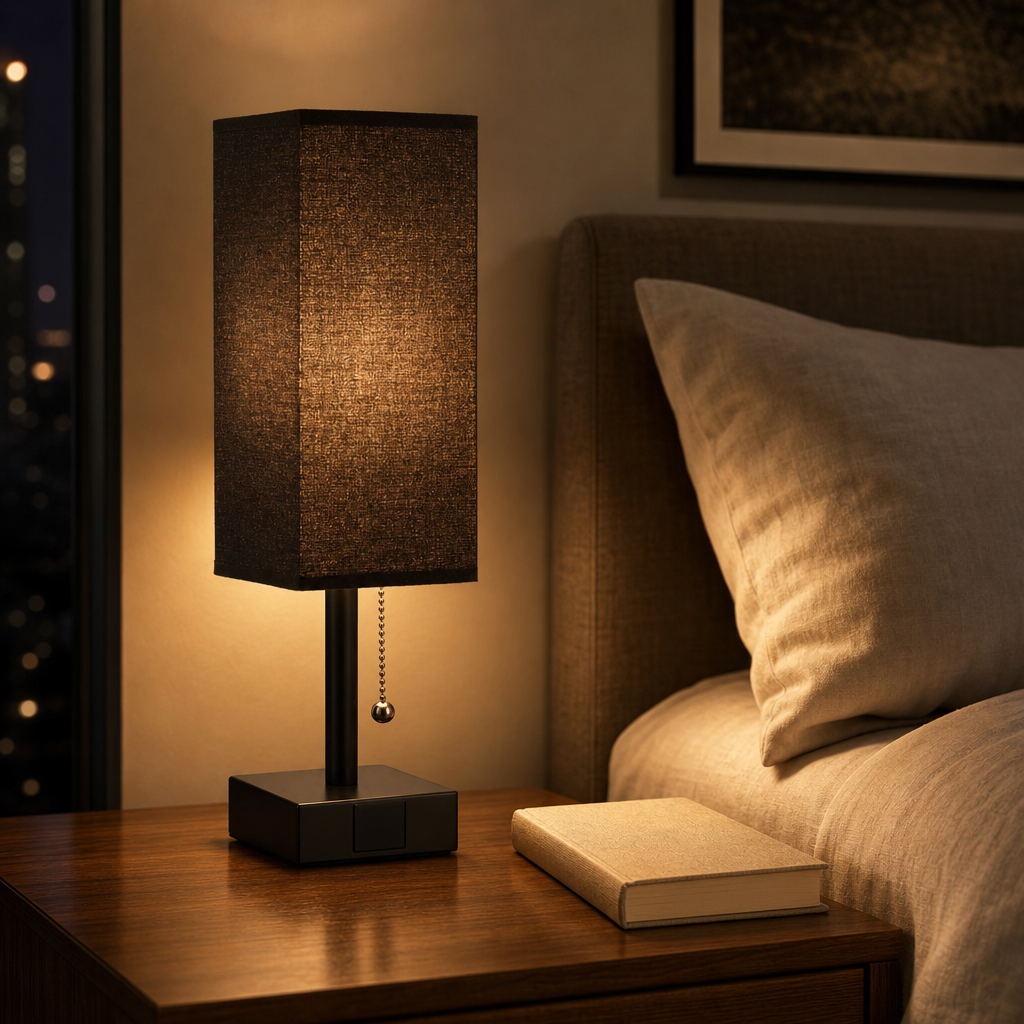Bedside table lamp with black fabric shade on a wooden nightstand