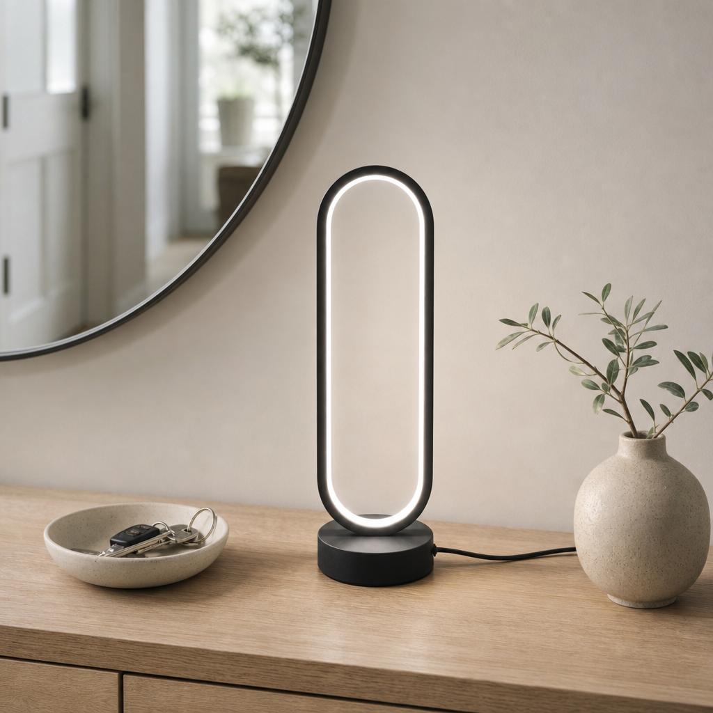Halo Ring Lamp in natural white on an entryway console
