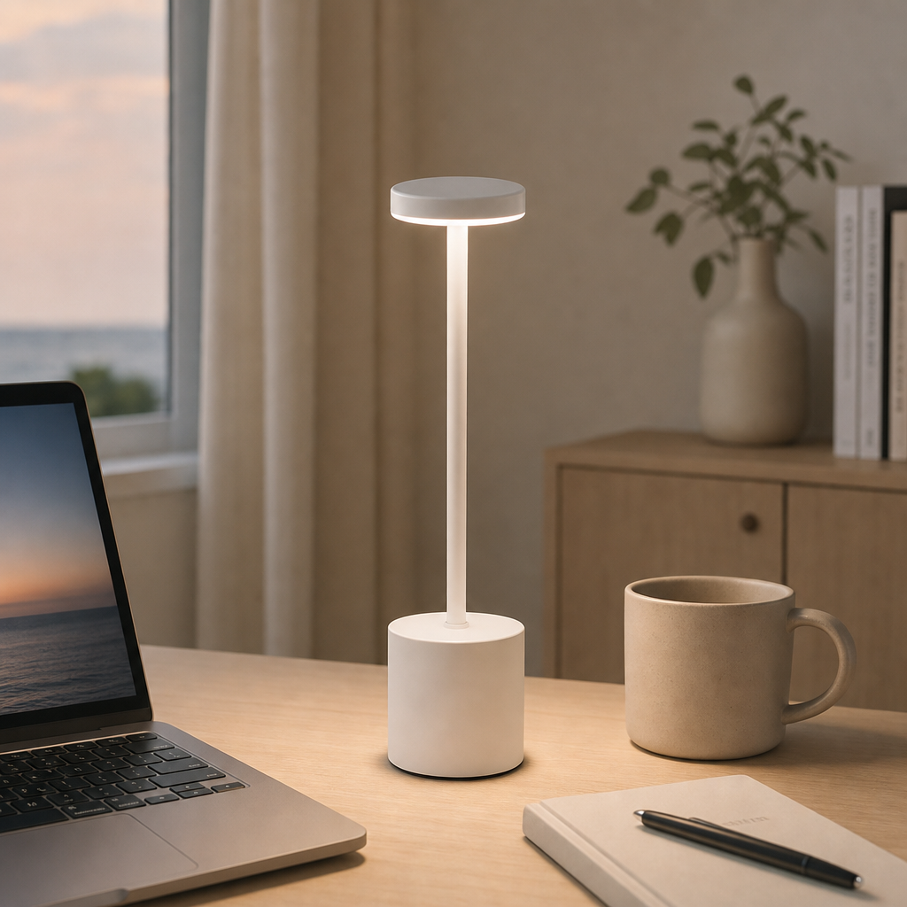 White Lumi cordless lamp on a home office desk