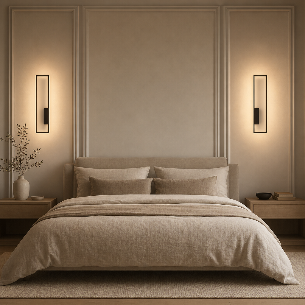 Pair of black Arc wall lamps above a bed