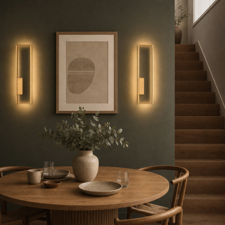 Pair of gold Arc wall lamps in a dining room
