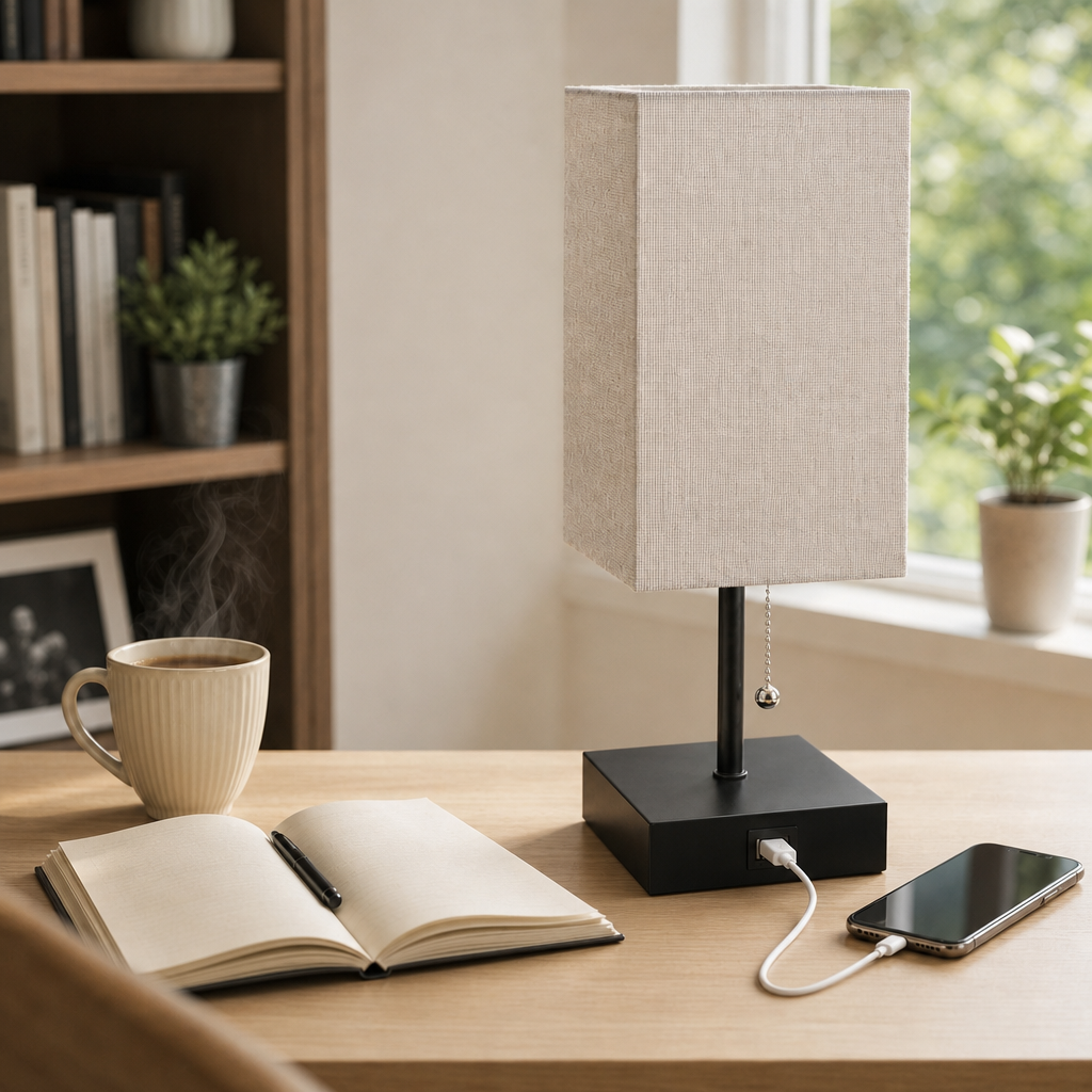 Bedside lamp on a home office desk charging a phone