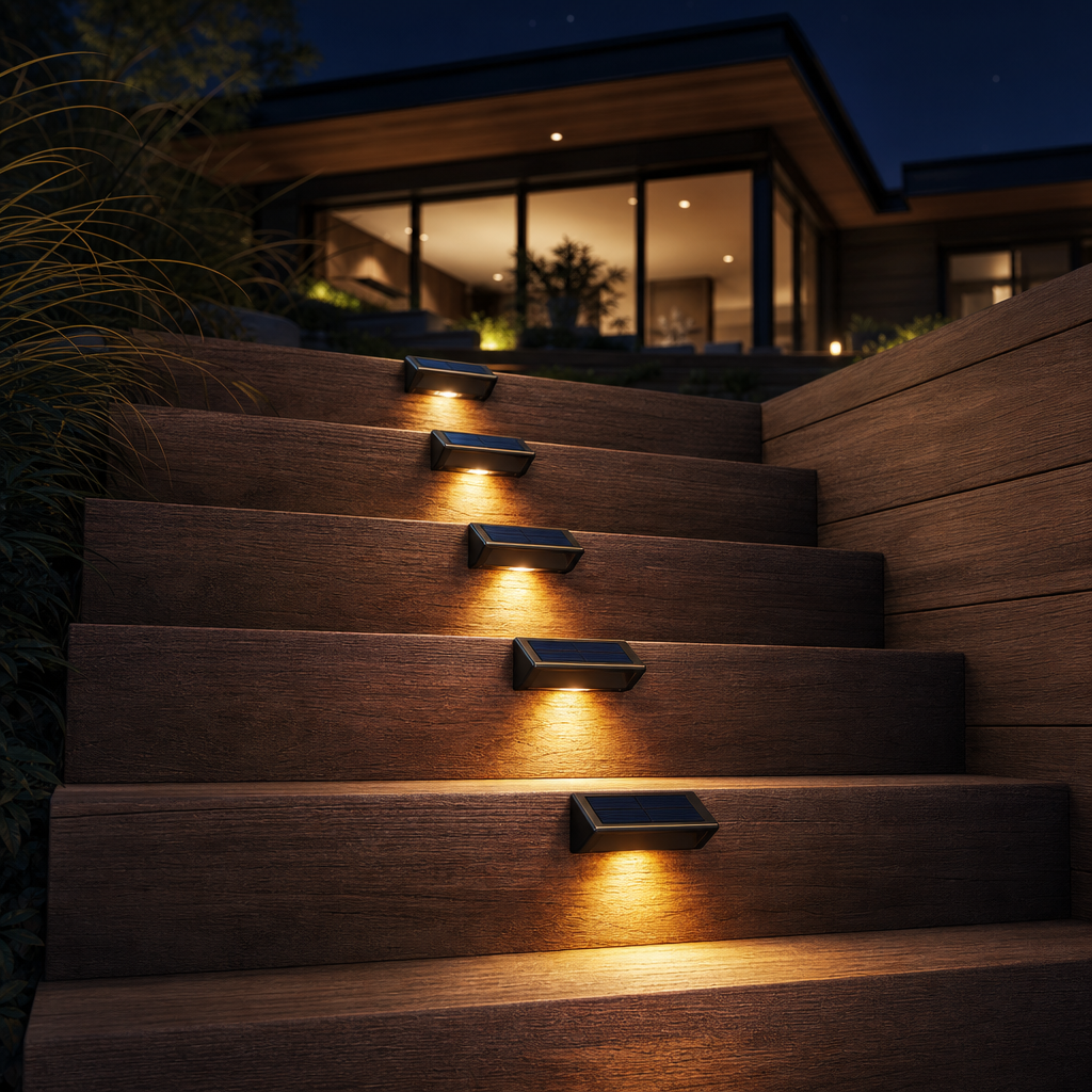 Solar step lights lighting outdoor deck stairs at night