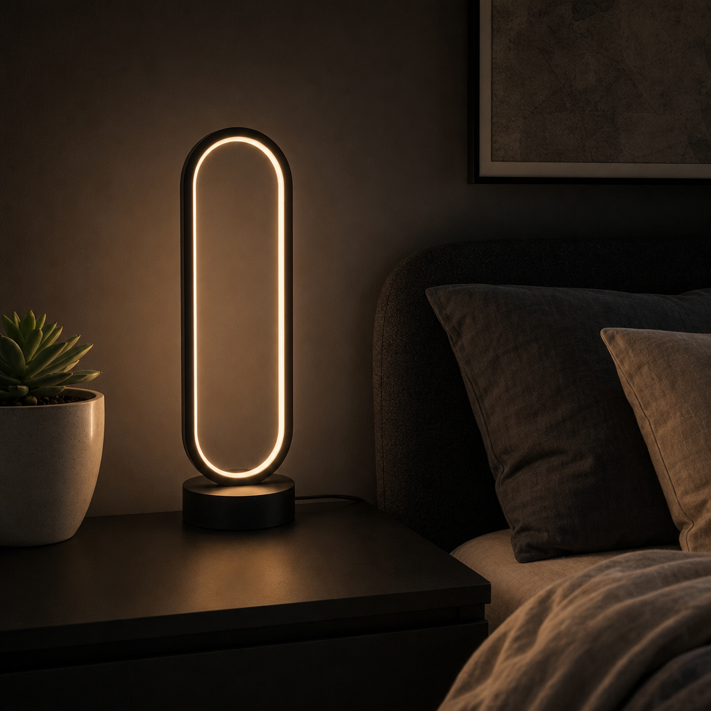 Halo Ring Lamp as a dim amber night light in a bedroom