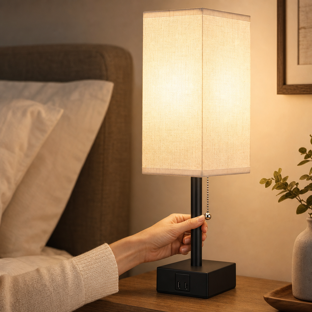 Hand pulling the pull chain on a glowing bedside lamp