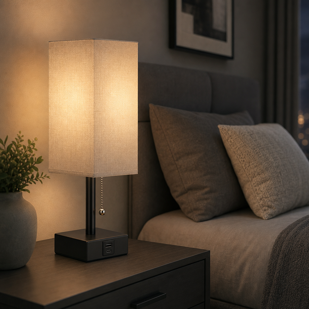 Bedside table lamp with gray fabric shade on a modern nightstand
