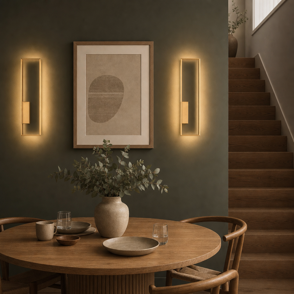 Pair of gold Arc wall lamps in a dining room